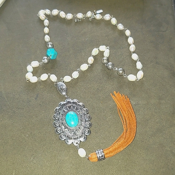 Shyanne Genuine Baroque Pearl Western Silver and Turquoise Necklace - Picture 5 of 7
